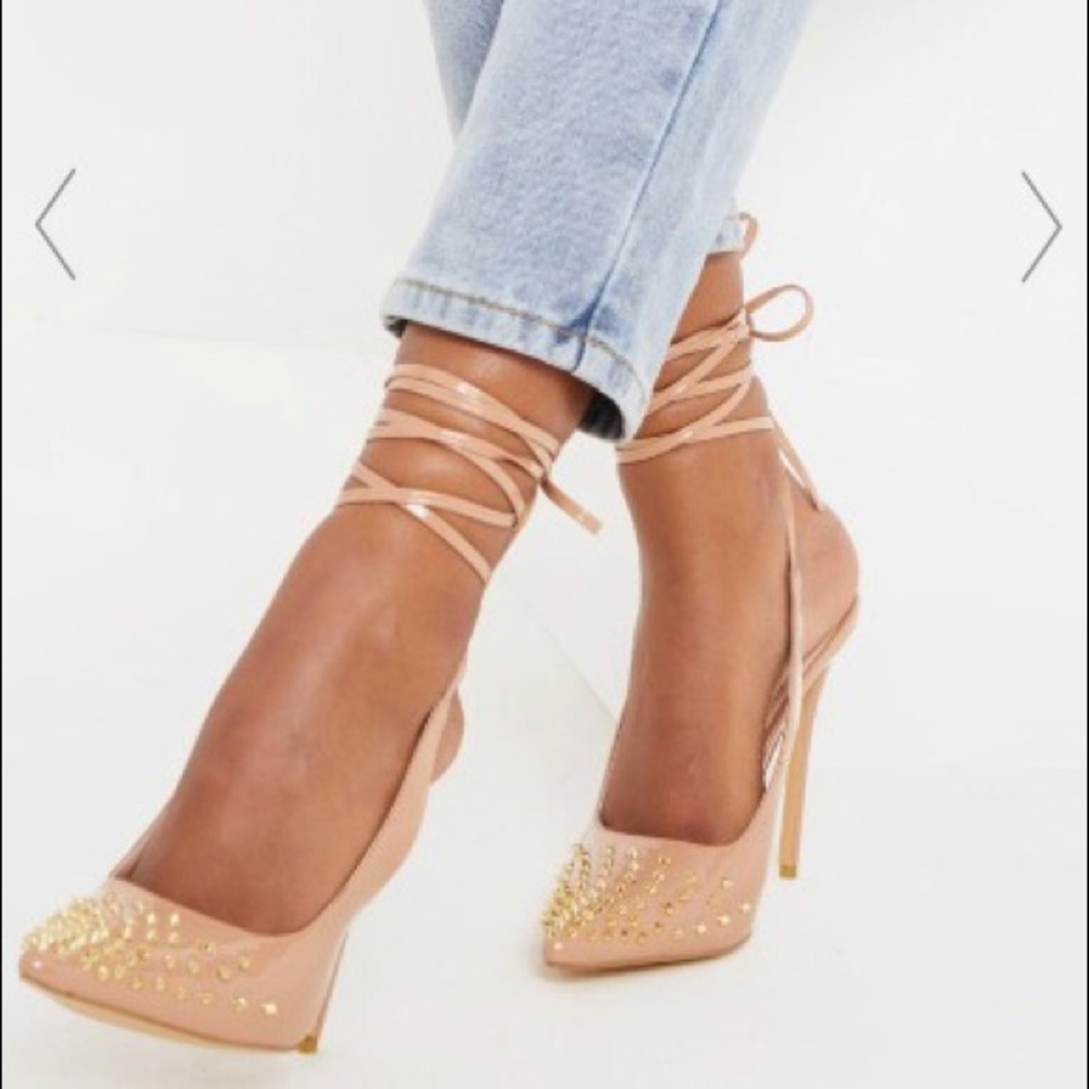 Nude spike heeled ankle tie court shoe